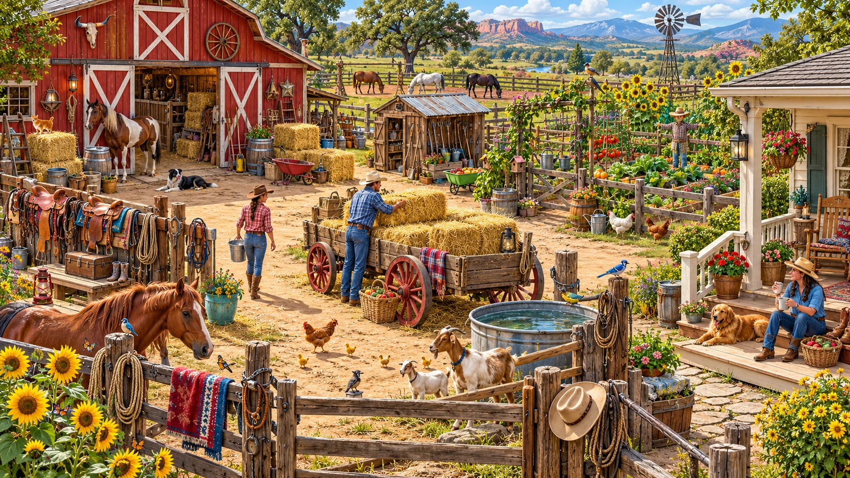 Detailed illustrated ranch courtyard with horses, animals, barns, tools, and garden.