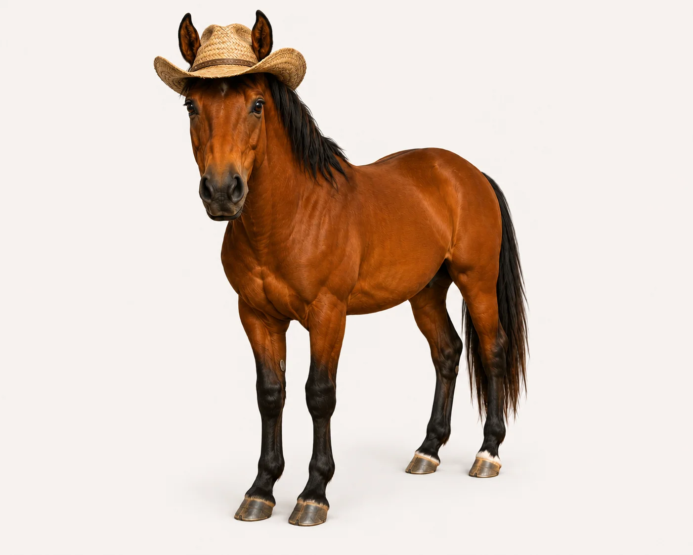 Bubba, JDFHR’s bay horse mascot, wearing a straw cowboy hat