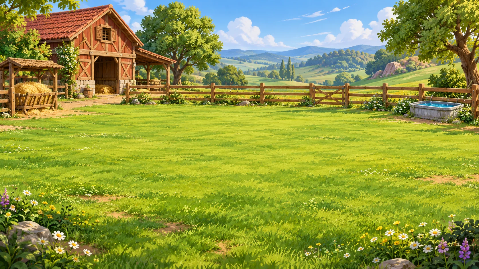 Illustrated paddock with a barn, grass, fence, hay and a water trough.